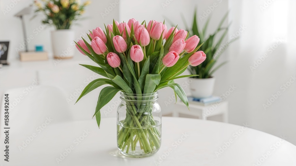 Vibrant pink tulip blossoms gathered in a transparent container on a white tabletop Vibrant pink tulip blossoms gathered in a transparent container on a white tabletop