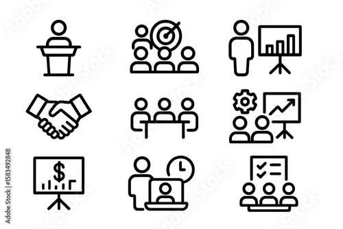 Business icons set: linear symbols for presentations and meetings