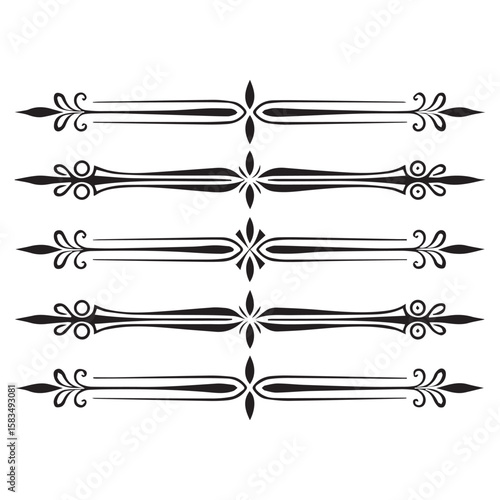 Elegant black decorative flourishes and ornate borders with a central fleur de lis style motif on white background