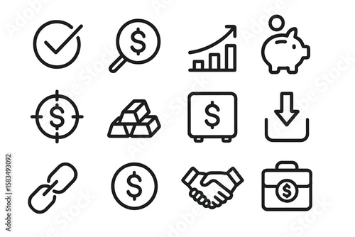 Financial icons set with money, growth, and business symbols in monochrome style