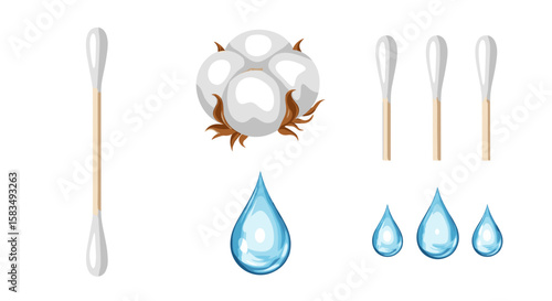 Cotton swabs cotton balls water drops hygiene beauty care healthcare set