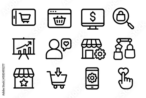 E-commerce icons collection on dark background featuring online shopping symbols