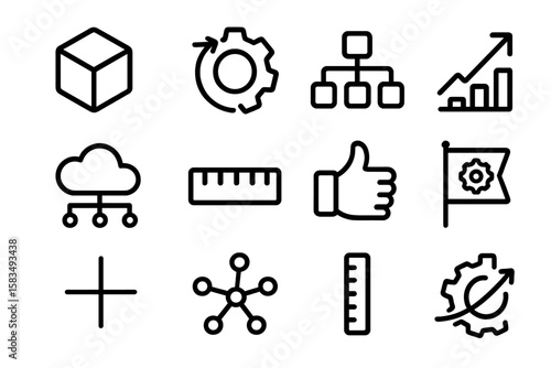 Minimalist black linear icons of business and technology on dark background