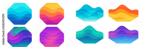 Colorful abstract wave patterns in geometric shapes displayed in multiple arrangements and combinations during a design showcase