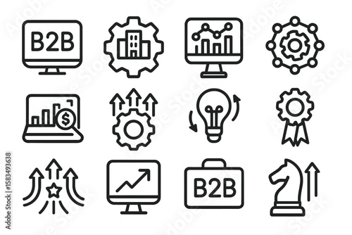 B2b and business icons in linear style with analytics and strategy elements