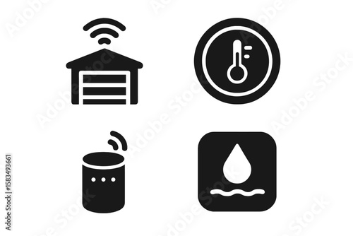 Smart home icons representing various features like temperature control, water management, and connectivity