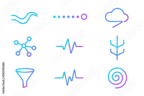 Collection of abstract symbols depicting waves, connections, and natural elements in a minimalist design