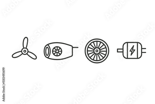 Illustration of different types of aviation propellers and engines in a minimalistic style, highlighting technology and design