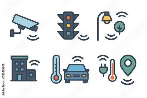 Smart city technology showcasing surveillance, traffic signals, and energy efficiency in an urban environment