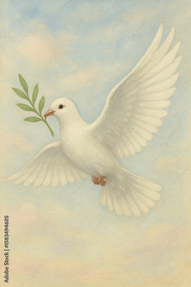 Fototapeta premium A White Dove of Peace in Flight with an Olive Branch Against a Pastel Sky