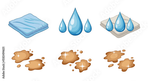 Cleaning cloth water drops and stains illustration for hygiene concept