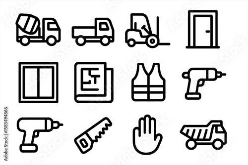 Construction and tools icons set in modern linear design