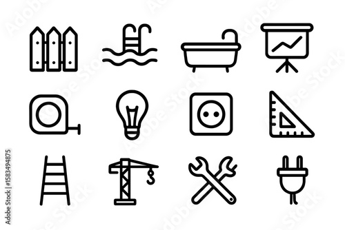 Modern linear icons: home improvement and construction symbols