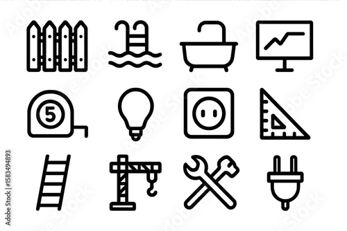 Construction and household tools set in black linear icons