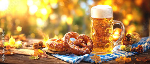 Oktoberfest Still Life with Beer and Pretzels on a Wooden Tabletop with Bokeh Background
