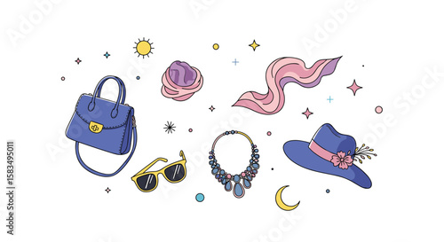 Chic ladies fashion accessories including handbag necklace hat scarf sunglasses and jewelry
