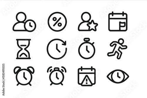 Dark silhouette icons: time management, calendar, and user interface symbols