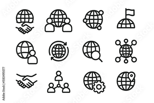 Global connectivity icons set featuring globe and network symbols