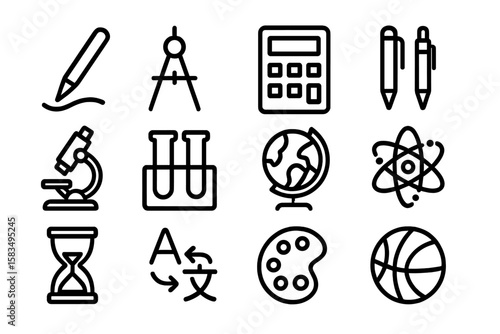 Educational icons set featuring science and math tools in minimalist style