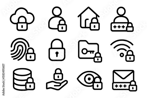 Secure icons set featuring cloud, user, and data protection in linear style