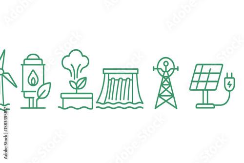 Renewable energy icons representing various sustainable power sources and technologies for a greener future