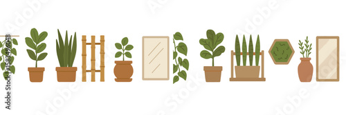 Decorative indoor plants arranged on a minimalist shelf with greenery accents in a modern interior space