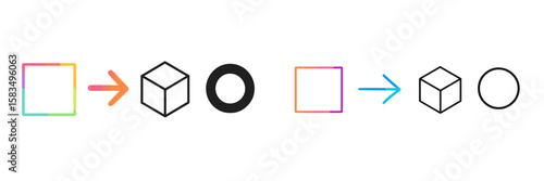Transformation of shapes and colors in a creative design process showcasing visual evolution from basic to complex forms