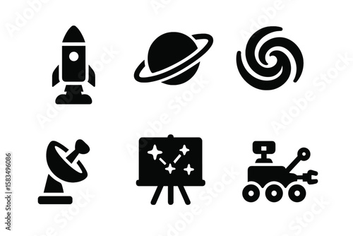 Space exploration symbols including rocket, planet, satellite, and rover in black silhouette design on white background