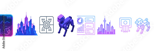 Colorful abstract icons representing technology and artificial intelligence in a futuristic cityscape