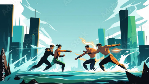 Dynamic Water Battle in a Cityscape