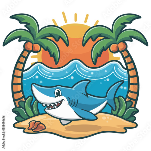 A shark with a topical sea beach sunset white big wave in sea.
