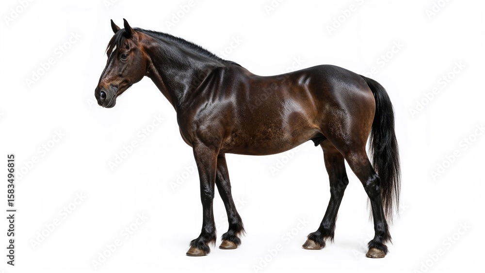 Obraz premium Isolated dark Friesian horse against a white backdrop