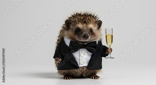Hedgehog in Tuxedo with Champagne, Celebration Concept