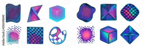 Colorful geometric shapes with gradient effects displayed on a white background showcasing different patterns and textures