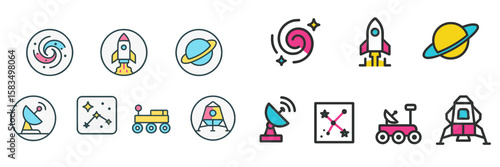 Colorful space-themed icons depicting rockets, planets, satellites, and galaxies in a playful design suitable for educational purposes
