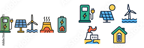 Energy sources illustrated with renewable and non-renewable options, showcasing solar, wind, and fossil fuels in a clear graphic style