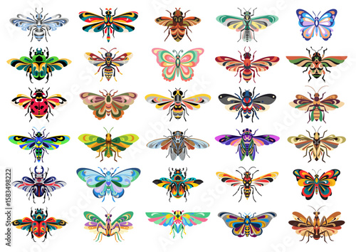 Variety of colorful insects and moths illustrated in detailed designs, showcasing nature's beauty