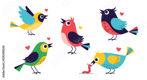 Adorable colorful birds singing and eating worms in a heart filled spring day