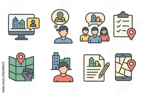 Visual representation of urban planning concepts with icons depicting community engagement and data analysis for city development