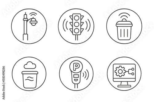 Smart city icons representing modern urban infrastructure and technology connected to the internet at unknown location and time