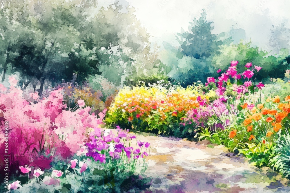 Fototapeta premium A vibrant garden blooms with colorful flowers in a serene, sunlit landscape during springtime