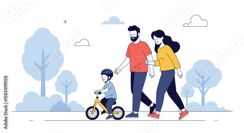 A happy family enjoys a day out riding bikes and rollerblading in the park