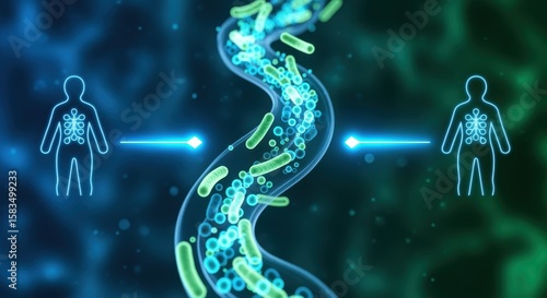 Hightech graphic of microbiome therapy showing illuminated bacteria traveling in a fluid stream between two stylized body icons.
