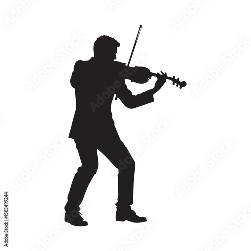 Silhouette of Violinist Playing Music Isolated on White Background

