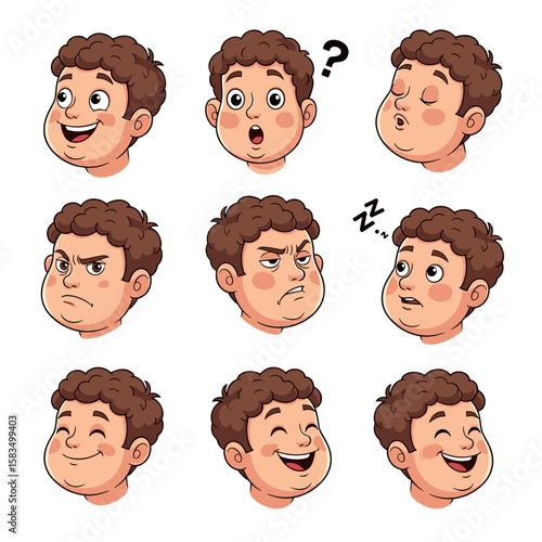 Cartoon Boy with Curly Hair Expressing Different Emotions Set