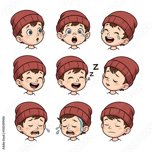 Cartoon Boy with Beanie Showing Variety of Expressions Set