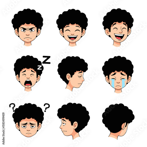 Cartoon Boy with Afro Hair Expressions and Views Set