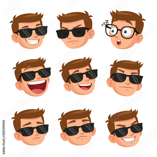 Cartoon Boy with Sunglasses Showing Different Emotions Set