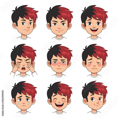 Cartoon Boy with Two-Tone Hair Expressing Different Emotions Set