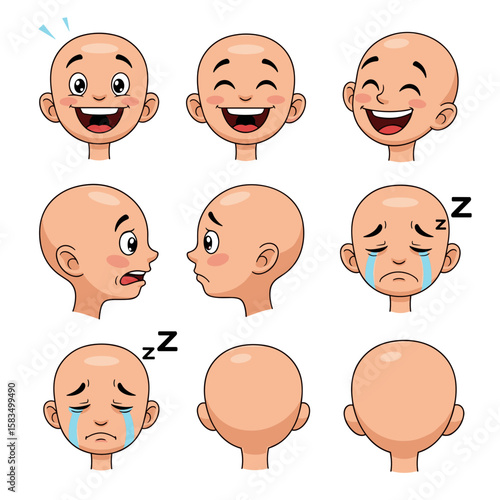 Bald Cartoon Boy Expressions and Views Set